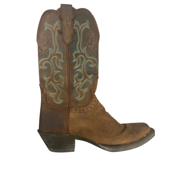 Justin Teal and Brown Square Toe Cowboy Boots - Picture 3 of 8